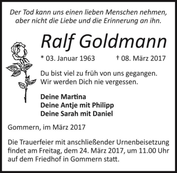 Traueranzeige von Ralf Goldmann  von Magdeburger Volksstimme