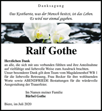 Traueranzeige von Ralf Gothe  von Magdeburger Volksstimme