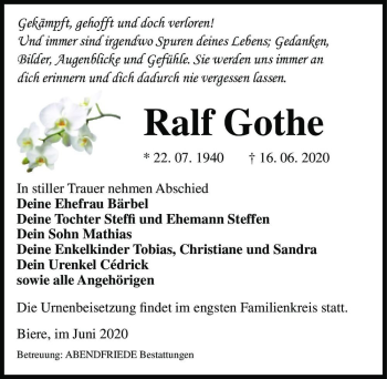 Traueranzeige von Ralf Gothe  von Magdeburger Volksstimme