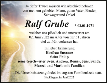Traueranzeige von Ralf Grube  von Magdeburger Volksstimme