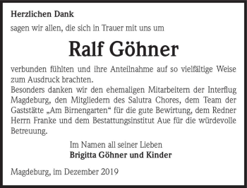 Traueranzeige von Ralf Göhner  von Magdeburger Volksstimme