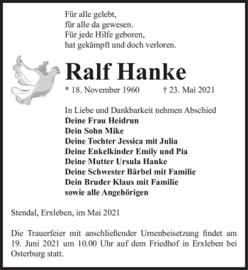 Traueranzeige von Ralf Hanke  von Magdeburger Volksstimme