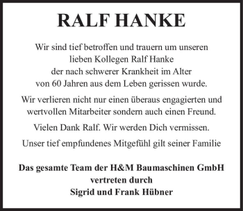 Traueranzeige von Ralf Hanke  von Magdeburger Volksstimme