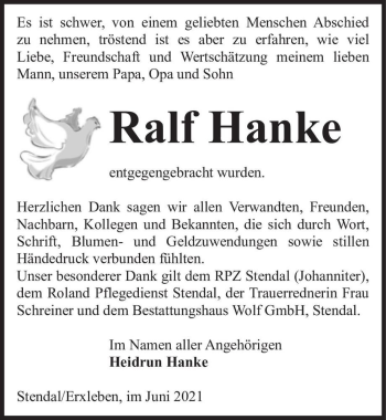 Traueranzeige von Ralf Hanke  von Magdeburger Volksstimme