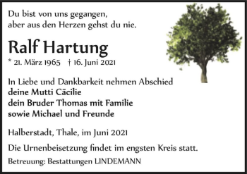 Traueranzeige von Ralf Hartung  von Magdeburger Volksstimme