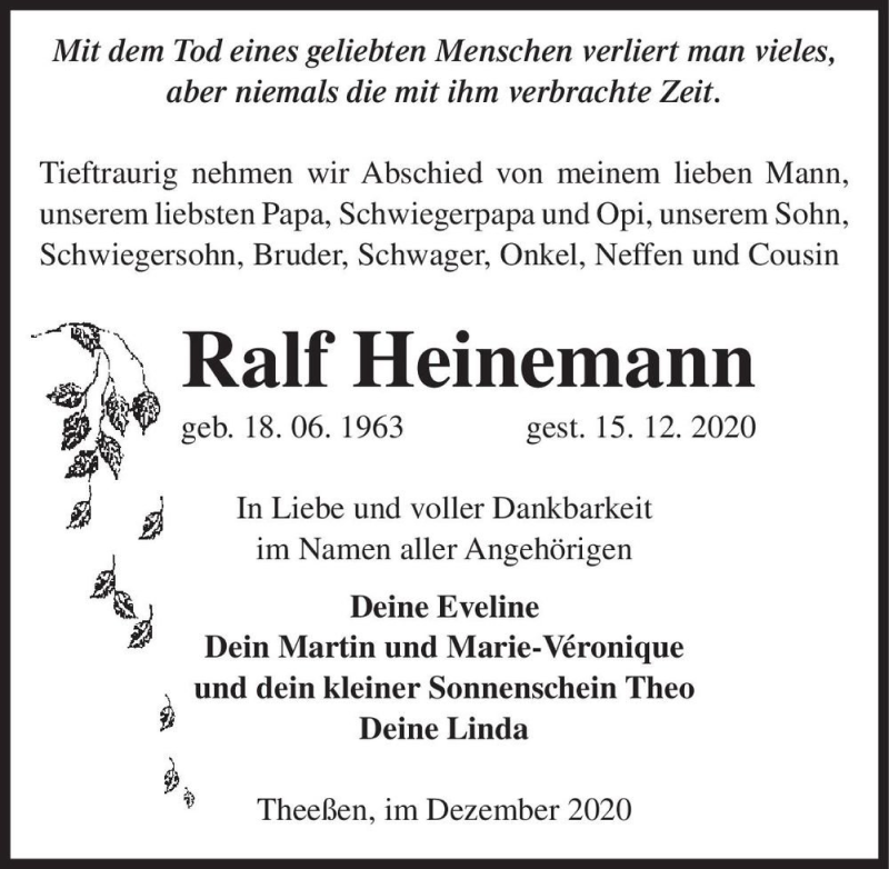  Traueranzeige für Ralf Heinemann  vom 19.12.2020 aus Magdeburger Volksstimme