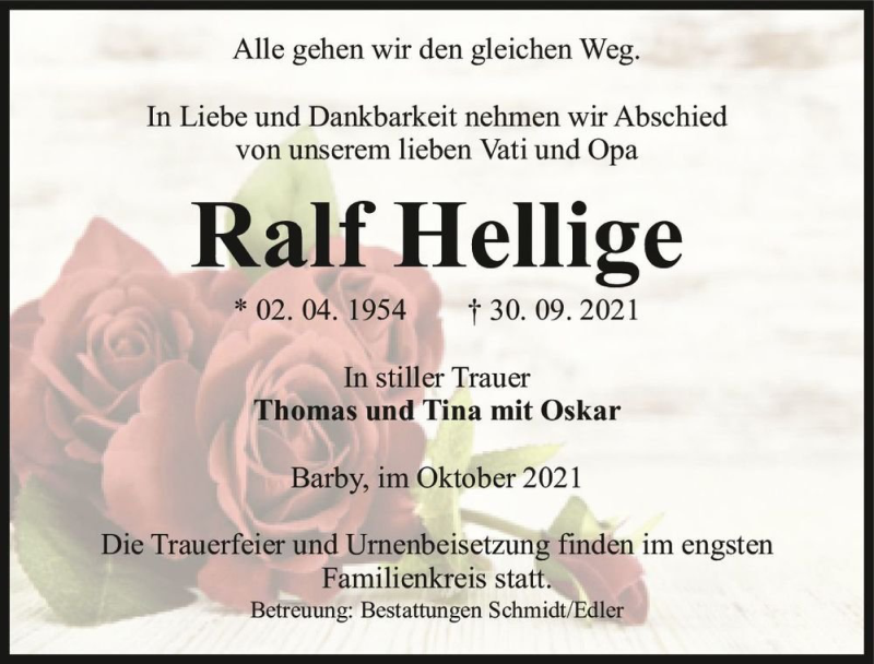  Traueranzeige für Ralf Hellige  vom 02.10.2021 aus Magdeburger Volksstimme