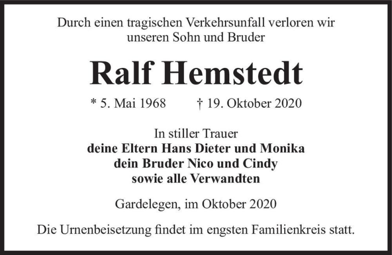  Traueranzeige für Ralf Hemstedt  vom 22.10.2020 aus Magdeburger Volksstimme