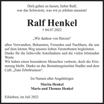 Traueranzeige von Ralf Henkel  von Magdeburger Volksstimme