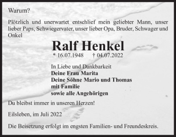 Traueranzeige von Ralf Henkel  von Magdeburger Volksstimme
