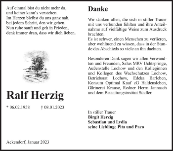 Traueranzeige von Ralf Herzig  von Magdeburger Volksstimme