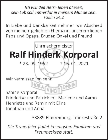 Traueranzeige von Ralf Hinderk Korporal  von Magdeburger Volksstimme