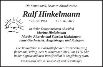 Traueranzeige von Ralf Hinkelmann  von Magdeburger Volksstimme