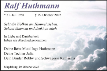 Traueranzeige von Ralf Huthmann  von Magdeburger Volksstimme