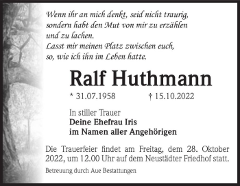 Traueranzeige von Ralf Huthmann  von Magdeburger Volksstimme
