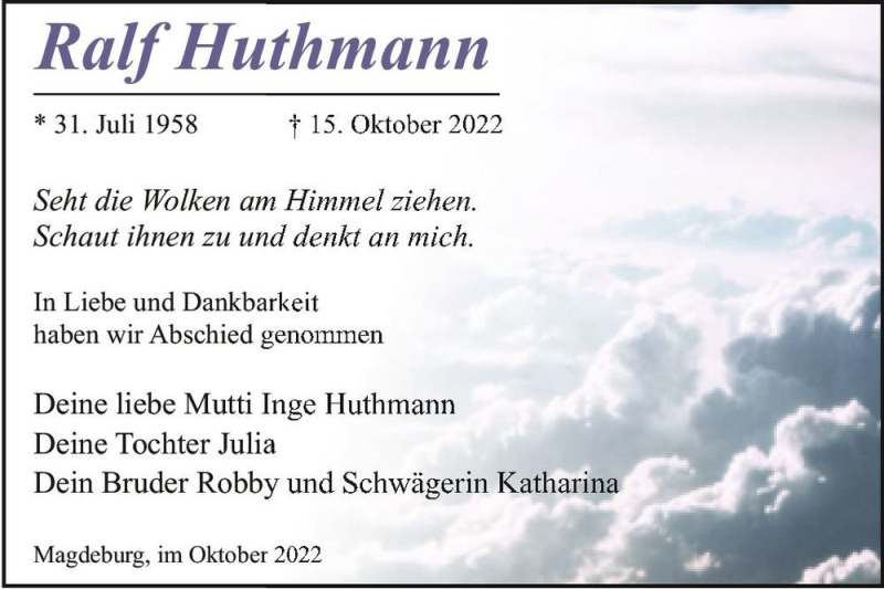  Traueranzeige für Ralf Huthmann  vom 29.10.2022 aus Magdeburger Volksstimme