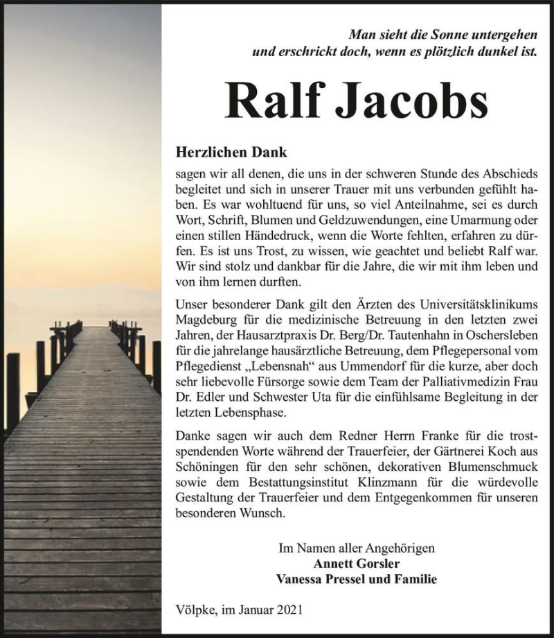  Traueranzeige für Ralf Jacobs  vom 16.01.2021 aus Magdeburger Volksstimme