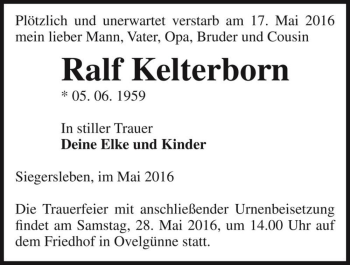 Traueranzeige von Ralf Kelterborn  von Magdeburger Volksstimme
