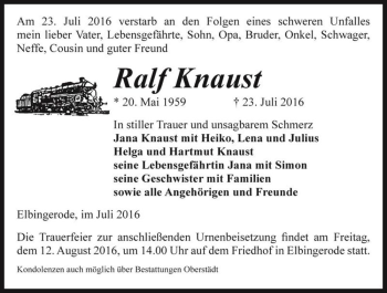 Traueranzeige von Ralf Knaust  von Magdeburger Volksstimme