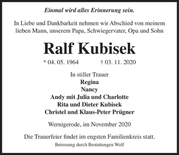 Traueranzeige von Ralf Kubisek  von Magdeburger Volksstimme