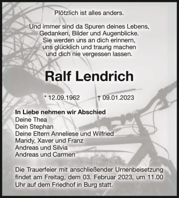 Traueranzeige von Ralf Lendrich  von Magdeburger Volksstimme