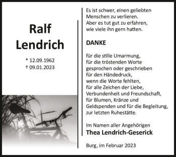 Traueranzeige von Ralf Lendrich  von Magdeburger Volksstimme