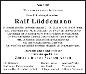 Traueranzeige von Ralf Lüddemann  von Magdeburger Volksstimme