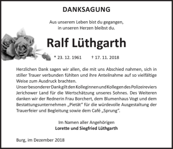 Traueranzeige von Ralf Lüthgarth  von Magdeburger Volksstimme