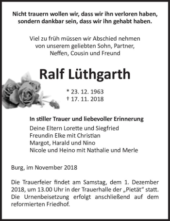 Traueranzeige von Ralf Lüthgarth  von Magdeburger Volksstimme