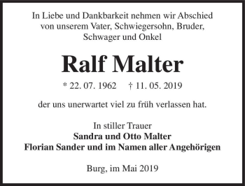 Traueranzeige von Ralf Malter  von Magdeburger Volksstimme