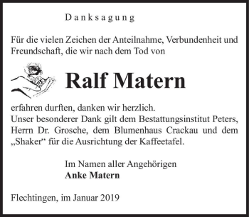 Traueranzeige von Ralf Matern  von Magdeburger Volksstimme