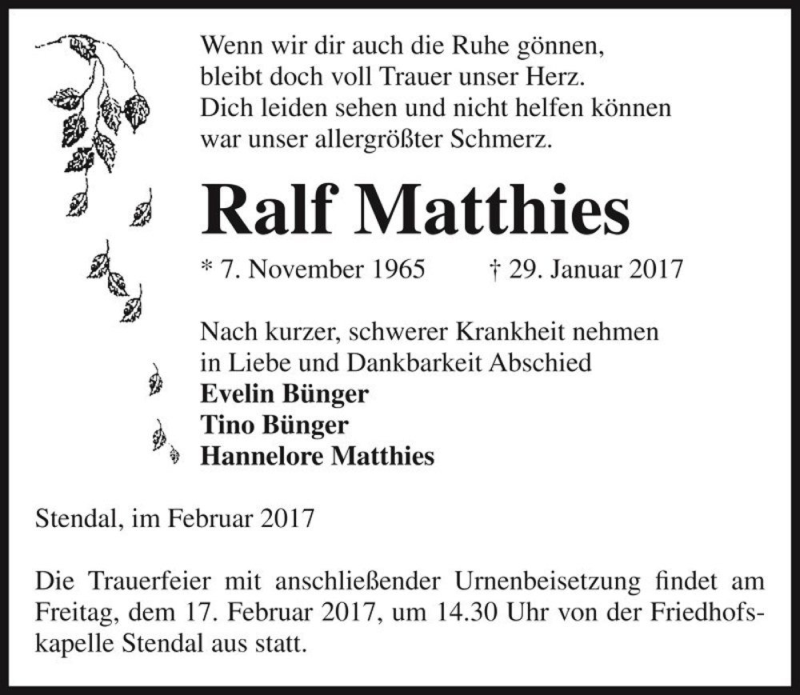 Traueranzeige für Ralf Matthies  vom 08.02.2017 aus Magdeburger Volksstimme