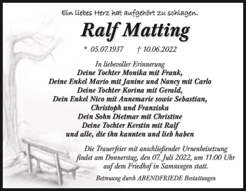Traueranzeige von Ralf Matting  von Magdeburger Volksstimme