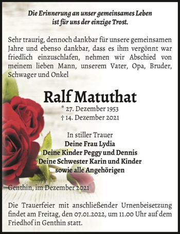 Traueranzeige von Ralf Matuthat  von Magdeburger Volksstimme