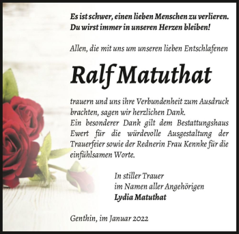 Traueranzeige von Ralf Matuthat  von Magdeburger Volksstimme