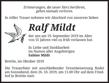 Traueranzeige von Ralf Mildt  von Magdeburger Volksstimme