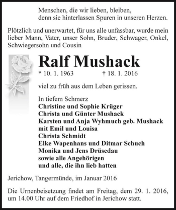 Traueranzeige von Ralf Mushack  von Magdeburger Volksstimme