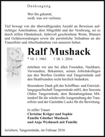Traueranzeige von Ralf Mushack  von Magdeburger Volksstimme