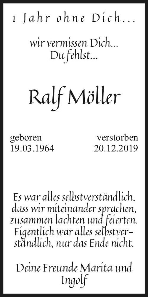  Traueranzeige für Ralf Möller  vom 18.12.2020 aus Magdeburger Volksstimme