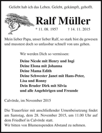 Traueranzeige von Ralf Müller  von Magdeburger Volksstimme