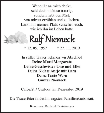Traueranzeige von Ralf Niemeck  von Magdeburger Volksstimme