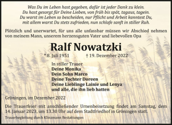 Traueranzeige von Ralf Nowatzki  von Magdeburger Volksstimme