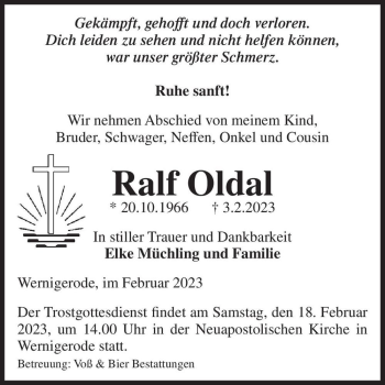 Traueranzeige von Ralf Oldal  von Magdeburger Volksstimme