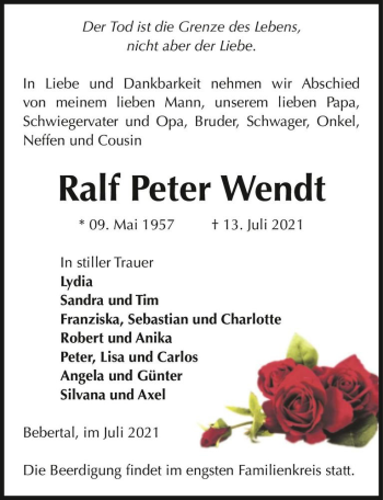 Traueranzeige von Ralf Peter Wendt  von Magdeburger Volksstimme