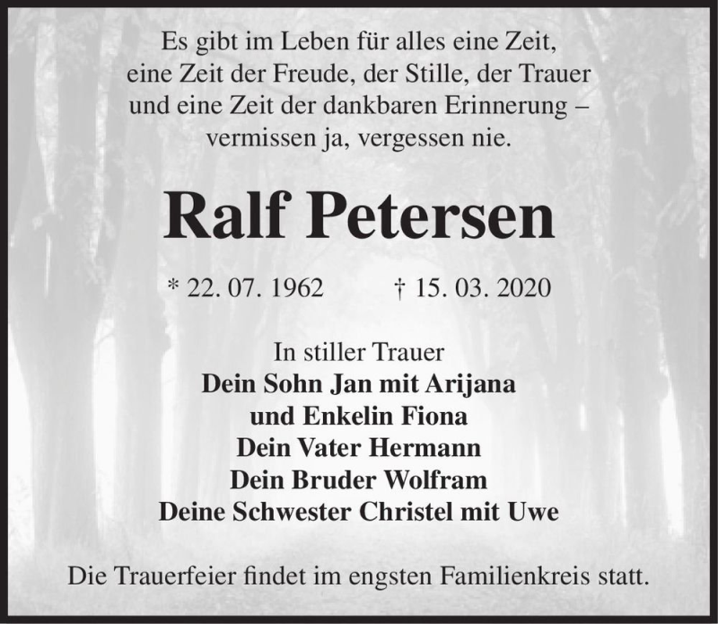  Traueranzeige für Ralf Petersen  vom 28.03.2020 aus Magdeburger Volksstimme