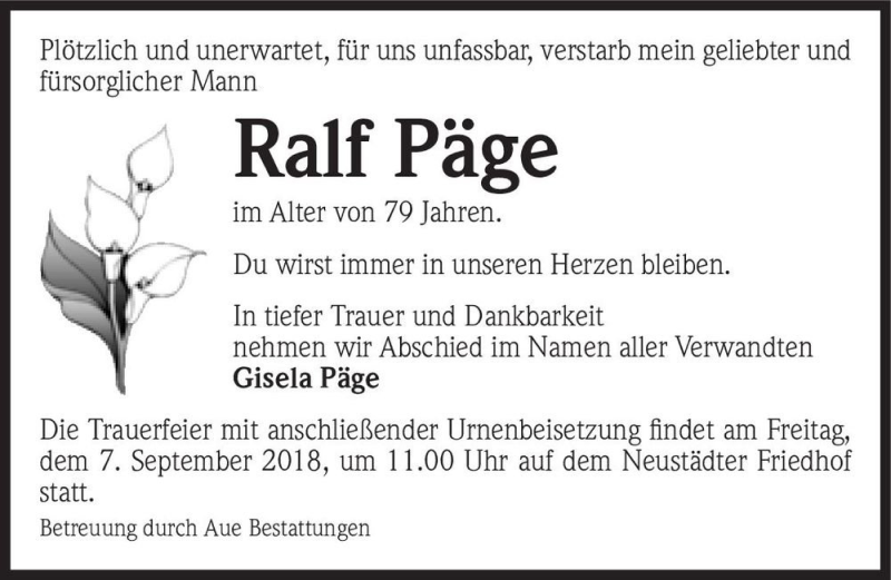  Traueranzeige für Ralf Päge  vom 25.08.2018 aus Magdeburger Volksstimme