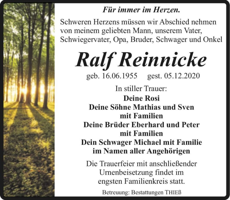  Traueranzeige für Ralf Reinnicke  vom 12.12.2020 aus Magdeburger Volksstimme