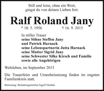 Traueranzeige von Ralf Roland Jany  von Magdeburger Volksstimme