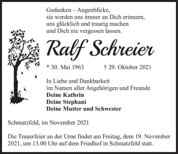 Traueranzeige von Ralf Schreier  von Magdeburger Volksstimme