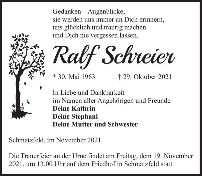  Traueranzeige für Ralf Schreier  vom 06.11.2021 aus Magdeburger Volksstimme